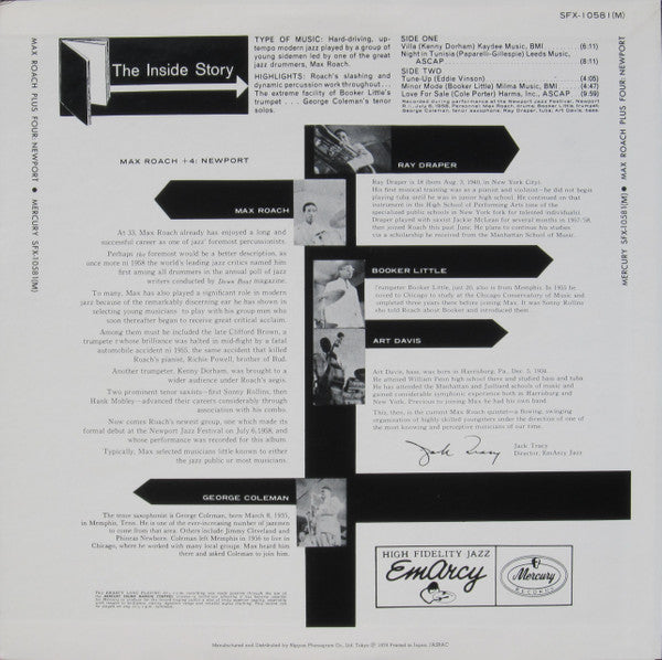 Max Roach Quintet - Max Roach + 4 At Newport (Vinyl, LP, Album, Reissue, Mono) Very Good Plus (VG+) / Very Good Plus (VG+)
