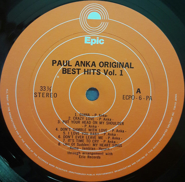 Paul Anka - Paul Anka Original Best Hits, Vol.1 (Vinyl, LP, Compilation, Stereo) Very Good (VG) / Very Good (VG)