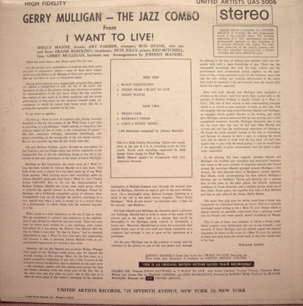Gerry Mulligan - The Jazz Combo From "I Want To Live!" (Vinyl, LP, Album, Stereo) Very Good (VG) / Very Good (VG)