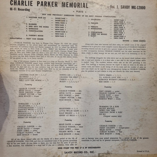 Charlie Parker - Charlie Parker Memorial (Vinyl, LP, Album, Reissue, Remastered, Stereo) Very Good Plus (VG+) / Very Good Plus (VG+)