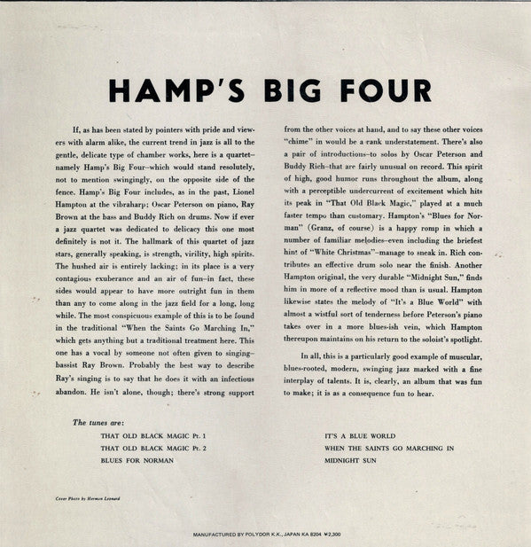 Lionel Hampton And His Quartet - Hamp's Big Four (Vinyl, LP, Album, Reissue, Mono) Near Mint (NM or M-) / Very Good Plus (VG+)