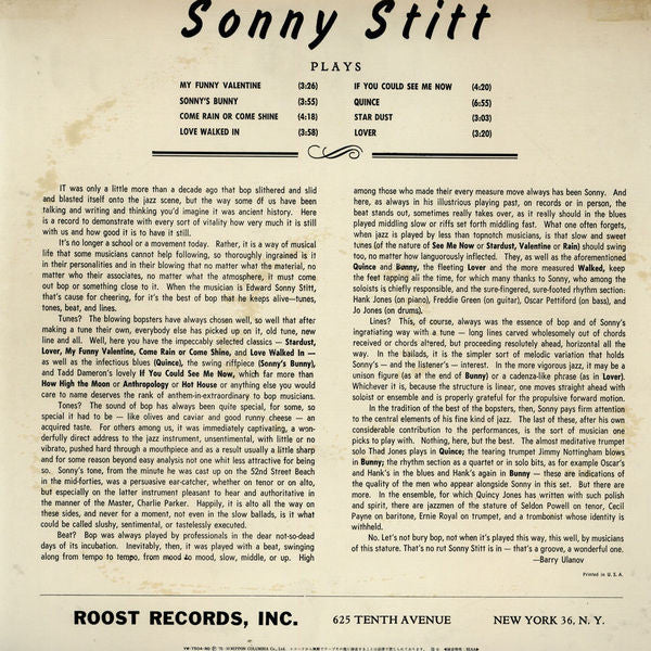 Sonny Stitt - Sonny Stitt Plays Arrangements From The Pen Of Quincy Jones (Vinyl, LP, Album, Reissue, Mono) Very Good Plus (VG+) / Good Plus (G+)