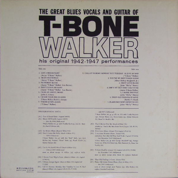 T-Bone Walker - The Great Blues Vocals And Guitar Of T-Bone Walker (His Original 1942-1947 Performances) (Vinyl, LP, Compilation) Very Good Plus (VG+) / Very Good Plus (VG+)
