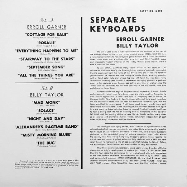 Erroll Garner - Separate Keyboards (Vinyl, LP, Compilation, Mono) Near Mint (NM or M-) / Very Good Plus (VG+)