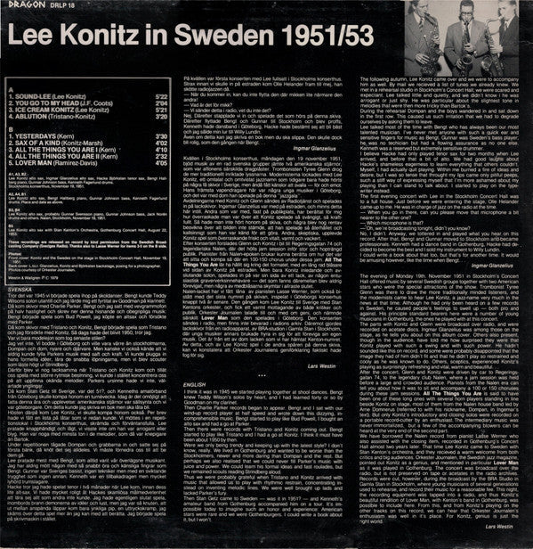 Lee Konitz - Sax Of A Kind (Lee Konitz In Sweden 1951/53) (Vinyl, LP, Mono) Very Good Plus (VG+) / Very Good Plus (VG+)