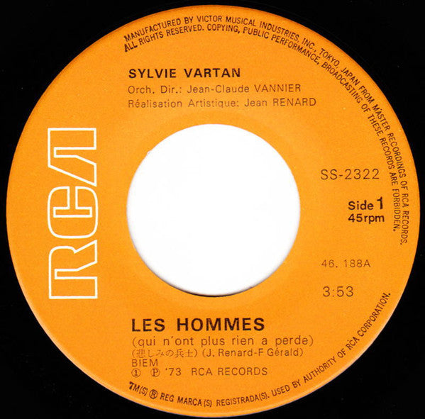 Sylvie Vartan - Les Hommes (Qui N'ont Plus Rien À Perdre) (Vinyl, 7", 45 RPM, Single) Very Good Plus (VG+) / Very Good Plus (VG+)