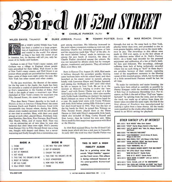 Charlie Parker - Bird On 52nd Street (Vinyl, LP, Album, Limited Edition, Reissue, Mono) Very Good (VG) / Very Good (VG)