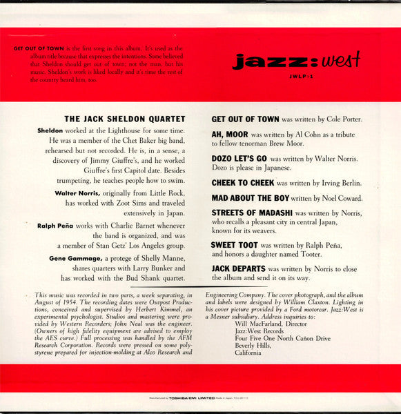 The Jack Sheldon Quartet - Get Out Of Town (Vinyl, LP, Album, Reissue) Very Good Plus (VG+) / Very Good Plus (VG+)