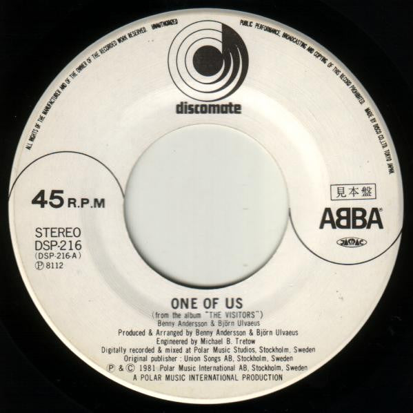 ABBA - One Of Us (Vinyl, 7", 45 RPM, Promo) Very Good Plus (VG+) / Very Good (VG)