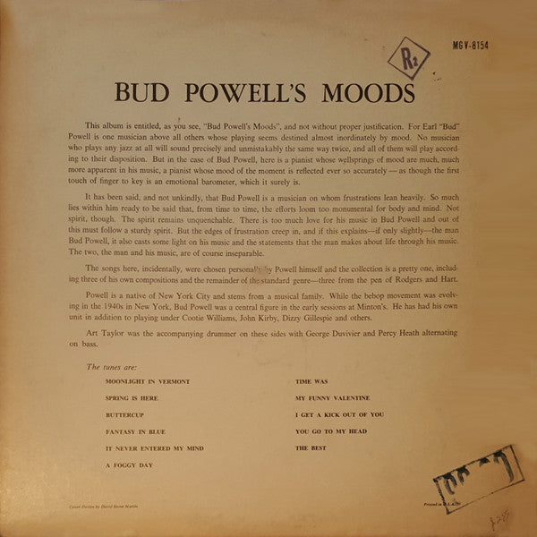 Bud Powell - Bud Powells Moods (Vinyl, LP, Album, Reissue, Mono) Very Good (VG) / Very Good Plus (VG+)