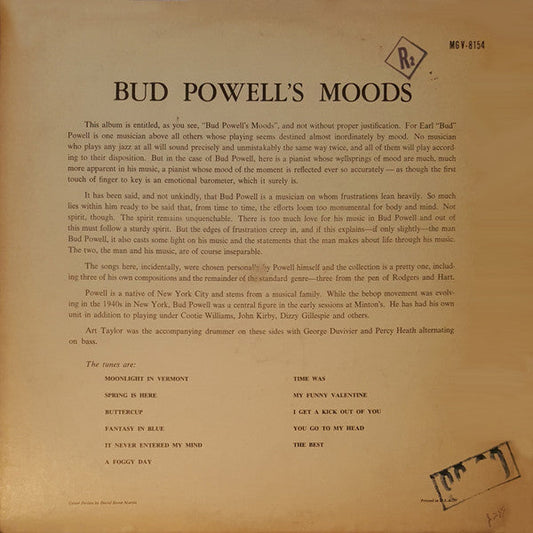 Bud Powell - Bud Powells Moods (Vinyl, LP, Album, Reissue, Mono) Very Good (VG) / Very Good Plus (VG+)