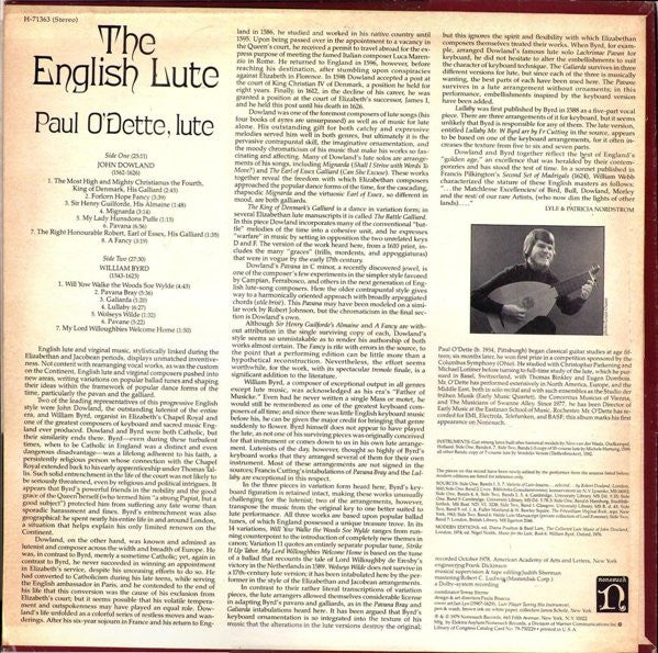 Paul O'Dette - The English Lute, Music By John Dowland & William Byrd (Vinyl, LP, Album, Stereo) Near Mint (NM or M-) / Very Good Plus (VG+)