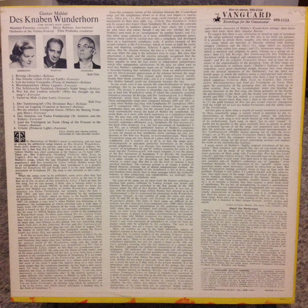 Gustav Mahler - Songs From Des Knaben Wunderhorn = The Youth's Magic Horn (Vinyl, LP, Album, Mono) Very Good (VG) / Very Good Plus (VG+)
