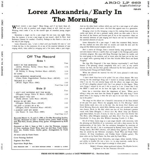 Lorez Alexandria - Early In The Morning (Vinyl, LP, Album, Reissue) Very Good (VG) / Very Good (VG)
