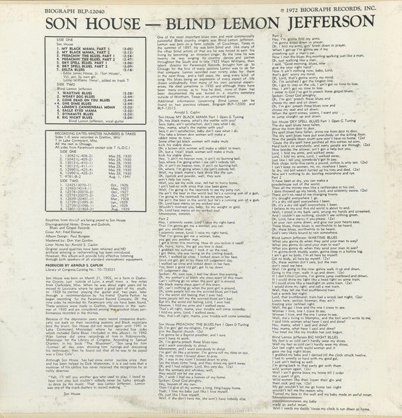Blind Lemon Jefferson - Blind Lemon Jefferson / Son House (Vinyl, LP, Compilation) Near Mint (NM or M-) / Very Good Plus (VG+)
