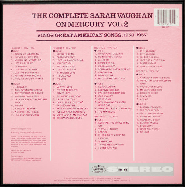 Sarah Vaughan - The Complete Sarah Vaughan On Mercury Vol. 2 - Sings Great American Songs; 1956-1957 (5xVinyl, Box Set, LP, Compilation, Remastered, Stereo) Very Good Plus (VG+) / Very Good (VG)