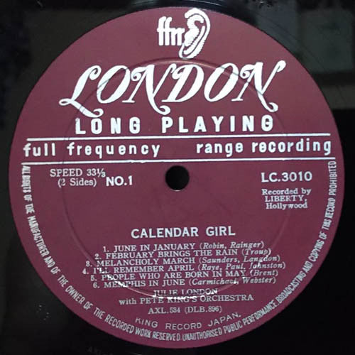 Julie London - Calendar Girl (Vinyl, LP, Album, Mono) Very Good (VG) / Very Good Plus (VG+)