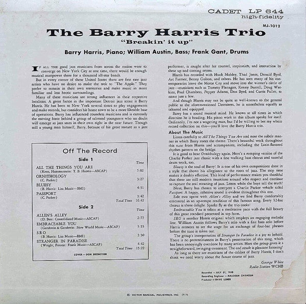 Barry Harris Trio - Breakin' It Up (Vinyl, LP, Album, Limited Edition, Reissue, Special Edition) Near Mint (NM or M-) / Very Good Plus (VG+)