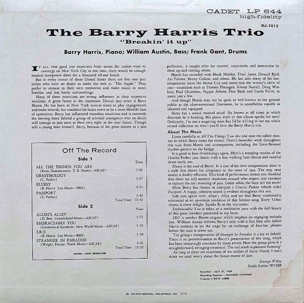 Barry Harris Trio - Breakin' It Up (Vinyl, LP, Album, Limited Edition, Reissue, Special Edition) Very Good Plus (VG+) / Very Good Plus (VG+)