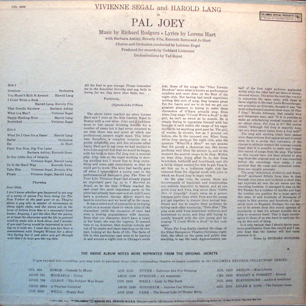 Rodgers & Hart - Pal Joey (Vinyl, LP, Album, Reissue, Mono) Good Plus (G+) / Very Good (VG)