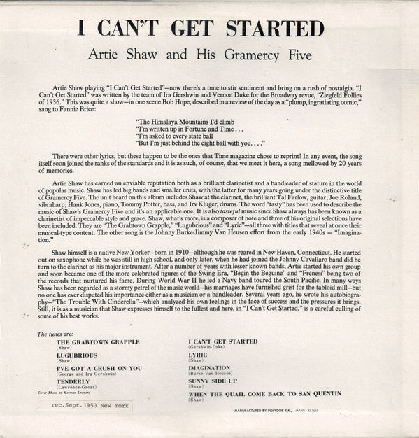 Artie Shaw And His Gramercy Five - I Can't Get Started... (Vinyl, LP, Album, Reissue, Mono) Very Good (VG) / Very Good (VG)