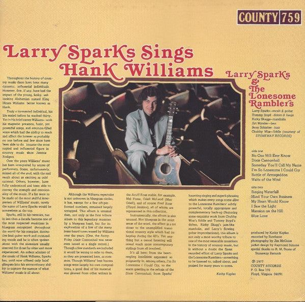 Larry Sparks And The Lonesome Ramblers - Larry Sparks Sings Hank Williams (Vinyl, LP, Album) Very Good Plus (VG+) / Very Good Plus (VG+)