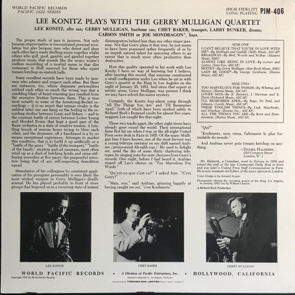 Lee Konitz - Lee Konitz Plays With The Gerry Mulligan Quartet (Vinyl, LP, Album, Reissue, Mono) Very Good Plus (VG+) / Very Good Plus (VG+)