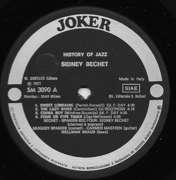Sidney Bechet - La Storia Del Jazz (History Of Jazz) (Vinyl, LP) Very Good Plus (VG+) / Very Good Plus (VG+)