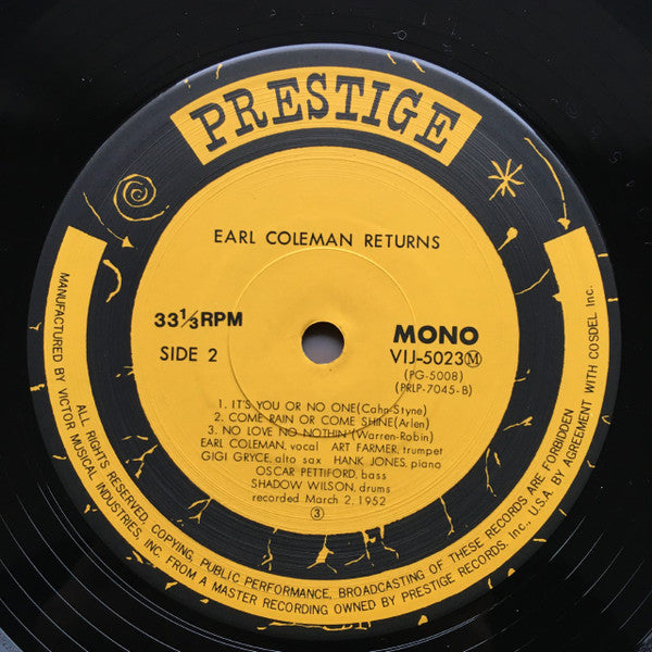 Earl Coleman - Returns (Vinyl, LP, Album, Reissue, Mono) Very Good Plus (VG+) / Good Plus (G+)