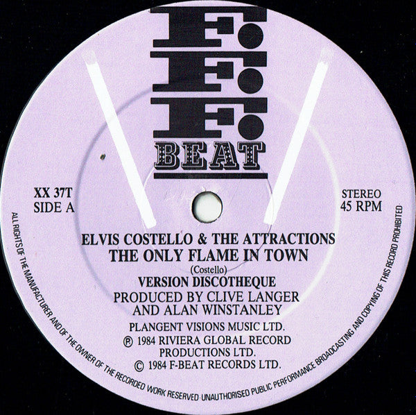 Elvis Costello & The Attractions - The Only Flame In Town (Vinyl, 12", 45 RPM, Single, Stereo) Very Good (VG) / Very Good (VG)