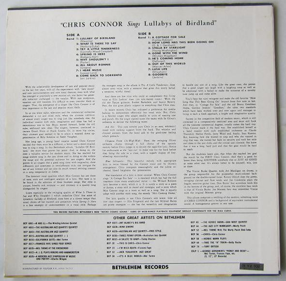 Chris Connor - Sings Lullabys Of Birdland (Vinyl, LP, Album, Mono, Reissue) Very Good Plus (VG+) / Good Plus (G+)