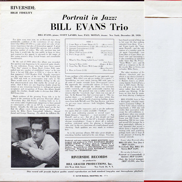 The Bill Evans Trio - Portrait In Jazz (Vinyl, LP, Album, Reissue, ...