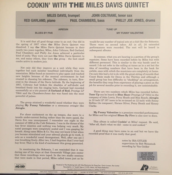 The Miles Davis Quintet - Cookin' With The Miles Davis Quintet (Vinyl, LP, Album, Limited Edition, Reissue, Mono) Near Mint (NM or M-) / Near Mint (NM or M-)