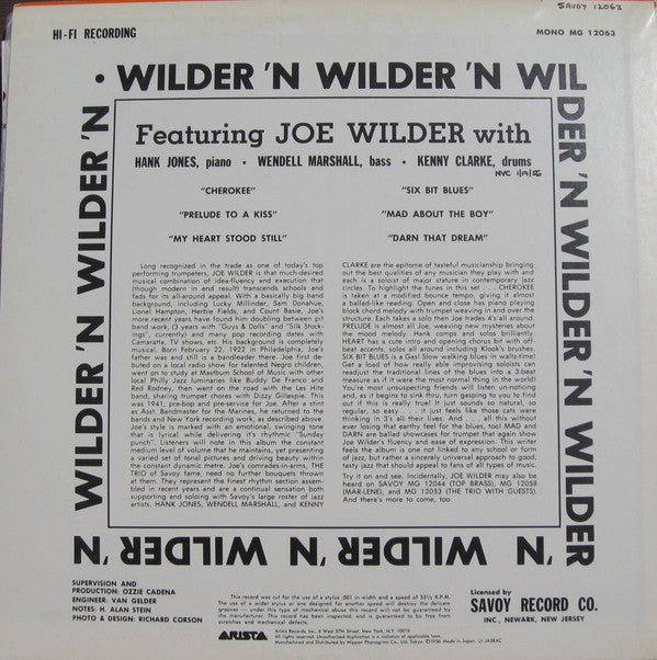 Joe Wilder - Wilder 'N' Wilder (Vinyl, LP, Album, Reissue, Mono) Very Good Plus (VG+) / Good Plus (G+)