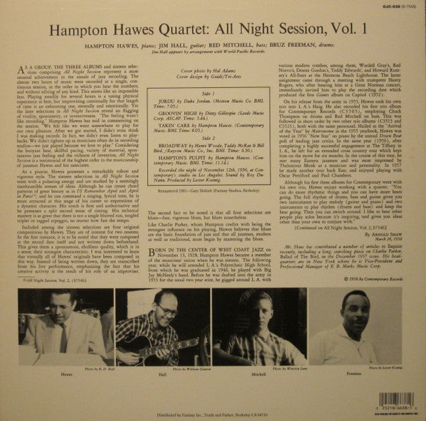 Hampton Hawes Quartet - All Night Session, Vol. 1 (Vinyl, LP, Album, Reissue, Remastered) Near Mint (NM or M-) / Very Good Plus (VG+)
