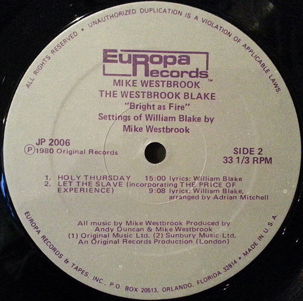 Mike Westbrook - The Westbrook Blake (Bright As Fire) (Vinyl, LP, Album) Very Good (VG) / Very Good (VG)