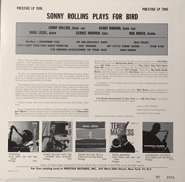 Sonny Rollins Quintet - Rollins Plays For Bird (Vinyl, LP, Album, Limited Edition, Reissue, Remastered, Mono) Near Mint (NM or M-) / Near Mint (NM or M-)