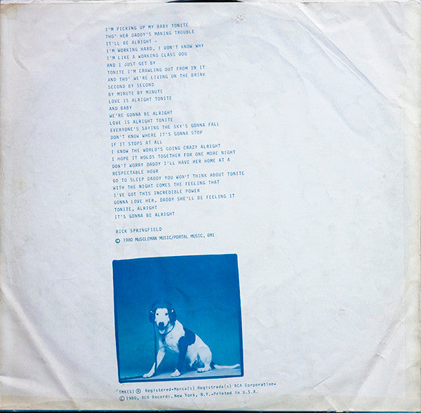 Rick Springfield - Working Class Dog (Vinyl, LP, Album, Stereo) Very Good (VG) / Very Good (VG)