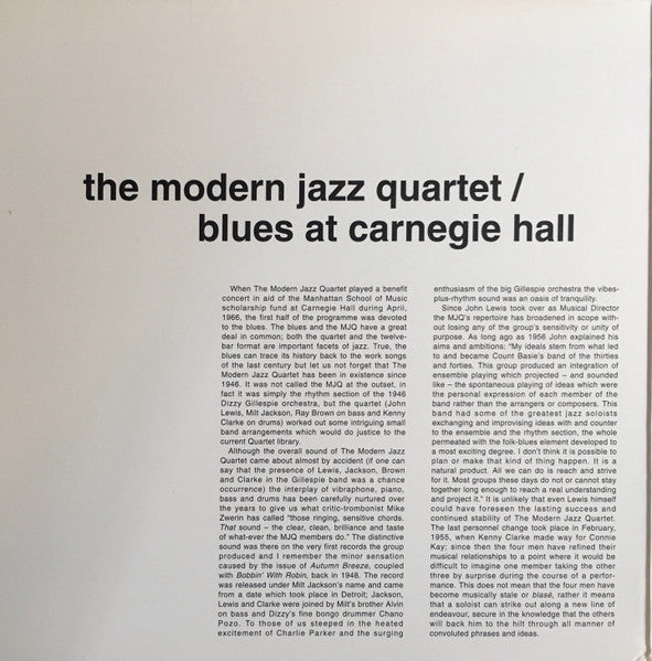 The Modern Jazz Quartet - Blues At Carnegie Hall (Vinyl, LP, Limited Edition, Numbered, Reissue, Remastered, Special Edition) Very Good (VG) / Very Good Plus (VG+)
