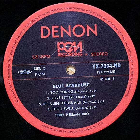 Terry Herman Trio - Blue Stardust (Vinyl, LP, Stereo) Very Good (VG) / Very Good Plus (VG+)
