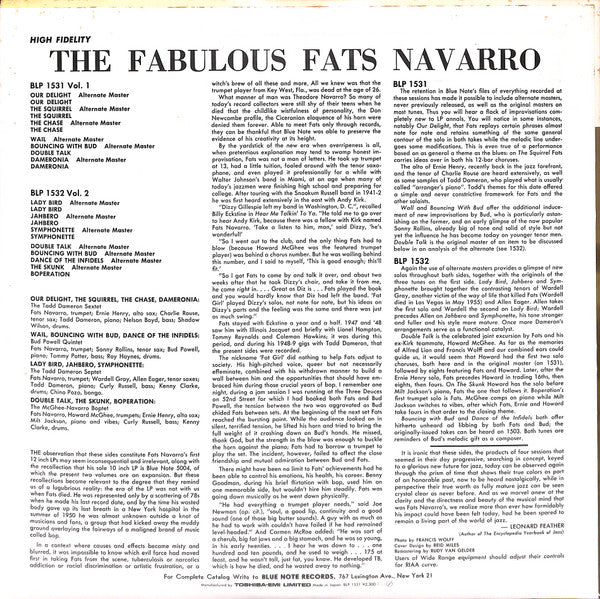 Fats Navarro - The Fabulous Fats Navarro Volume 1 (Vinyl, LP, Album, Reissue, Remastered, Mono) Very Good Plus (VG+) / Very Good Plus (VG+)