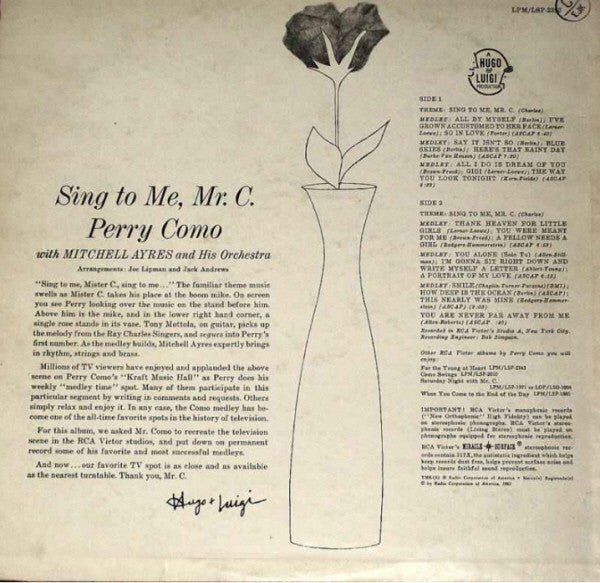 Perry Como - Sing To Me, Mr. C. (Vinyl, LP, Album, Mono) Very Good Plus (VG+) / Very Good (VG)