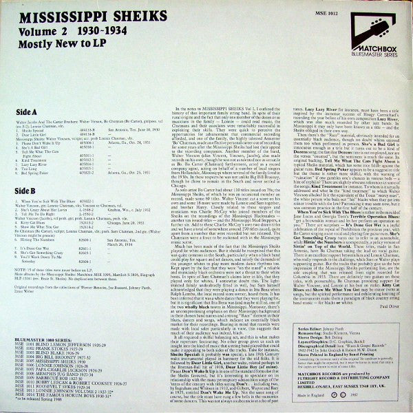 Mississippi Sheiks - Mississippi Sheiks Volume 2 1930-1934: Mostly New To LP (Vinyl, LP, Compilation, Remastered, Mono) Very Good (VG) / Very Good (VG)