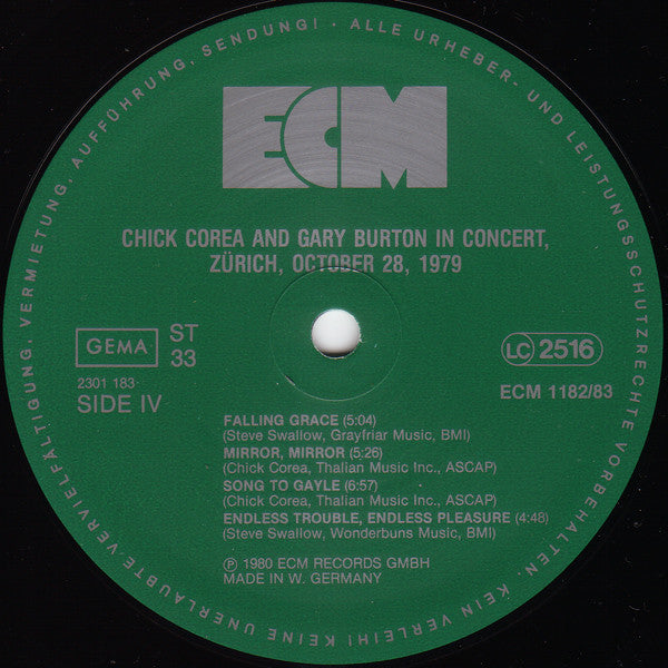 Gary Burton / Chick Corea - In Concert, Zürich, October 28, 1979 (2xVinyl, LP, Album, Stereo) Very Good (VG) / Very Good Plus (VG+)