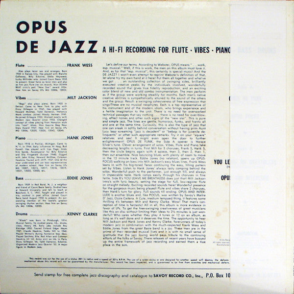Milt Jackson - Opus De Jazz (Vinyl, LP, Album, Reissue, Mono)
