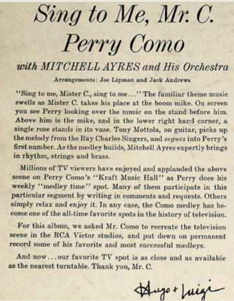 Perry Como - Sing To Me, Mr. C. (Vinyl, LP, Album, Mono) Very Good Plus (VG+) / Very Good (VG)