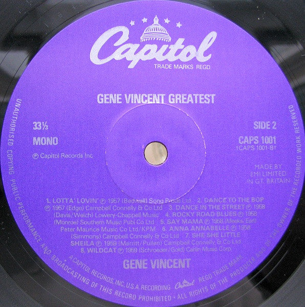 Gene Vincent - Gene Vincent Greatest (Vinyl, LP, Mono, Compilation) Very Good (VG) / Very Good (VG)