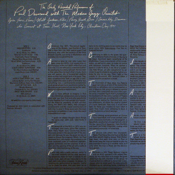 Paul Desmond - The Only Recorded Performance Of Paul Desmond With The Modern Jazz Quartet (Vinyl, LP, Album, Reissue) Very Good Plus (VG+) / Very Good Plus (VG+)