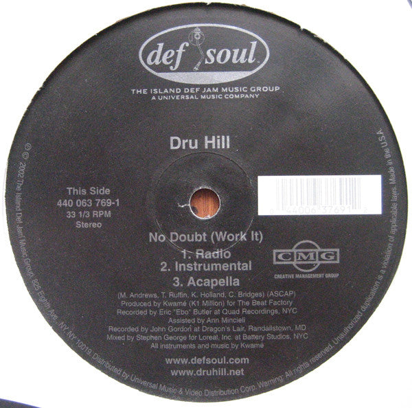 Dru Hill - No Doubt (Work It) / On Me (Vinyl, 12", 33 ⅓ RPM) Very Good Plus (VG+) / Very Good Plus (VG+)