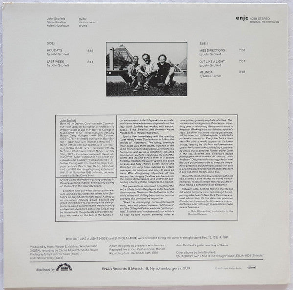 John Scofield Trio - Out Like A Light (Vinyl, LP, Album) Very Good Plus (VG+) / Good Plus (G+)